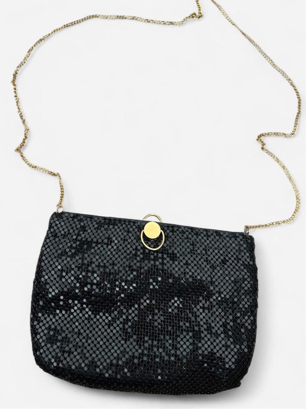 Black Sequin Chain Shoulder Bag with Gold Accent